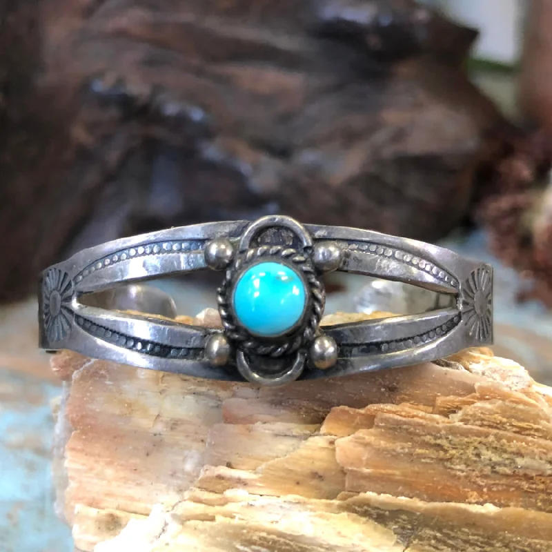 women timeless bracelets -Old Wrought Sterling Silver & Turquoise Child’s Bracelet Navajo