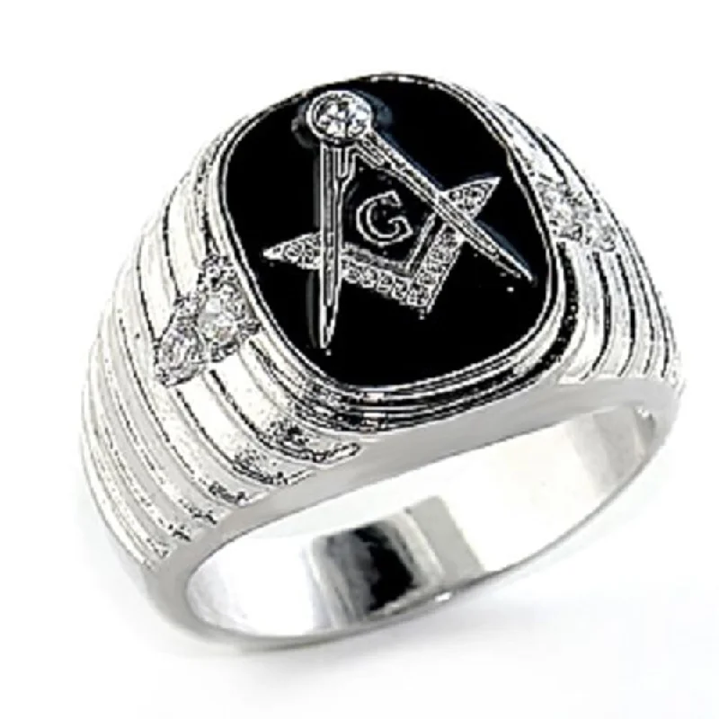 women gemstone cocktail rings -AzureBella Jewelry Masonic Ring with Black Enamel and Cubic Zirconia Accents on Top and Sides