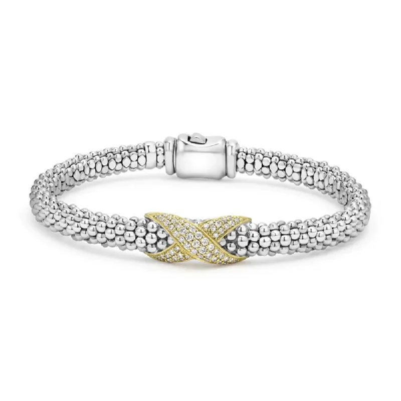 women contemporary bangles -Lagos Embrace Two-Tone Diamond X Caviar Bracelet, 6mm