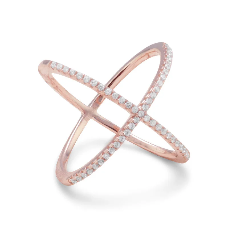 women custom rings -Criss Cross X Design Ring Rose Gold-plated Sterling Silver Cubic Zirconia