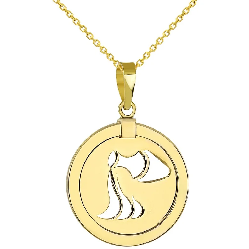 women handmade necklaces -14K Yellow Gold Reversible Round Aquarius Zodiac Sign Pendant With Cable, Curb or Figaro Chain Necklace