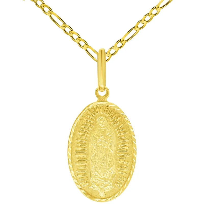 women moonstone necklaces -Solid 14k Yellow Gold Our Lady of Guadalupe Oval Pendant Figaro Chain Necklace - 3 Sizes