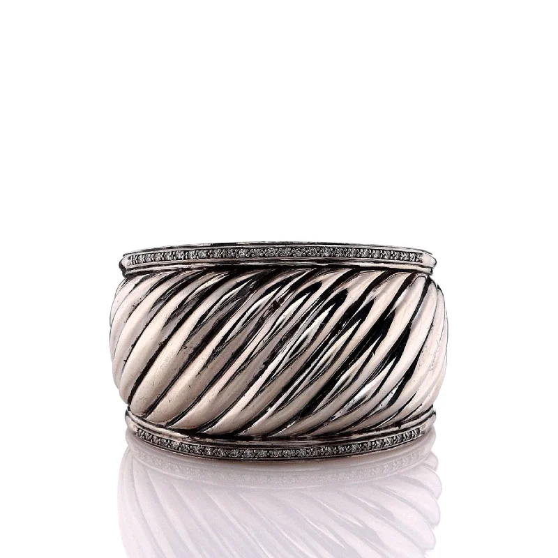 women elegant bangles -Estate David Yurman Sterling Silver Tapered Ribbed Diamond Cuff Bracelet