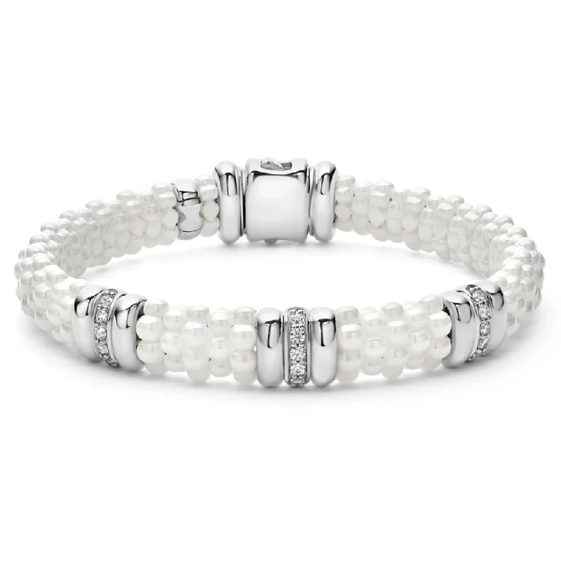 women bracelets -Lagos White Caviar Three Station Ceramic Diamond Bracelet