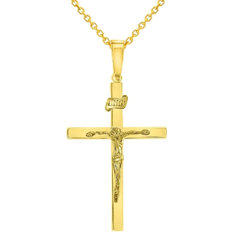 women beaded statement necklaces -14k Yellow Gold 3D INRI Catholic Chrisitan Crucifix Cross Pendant With Cable, Curb or Figaro Chain Necklace