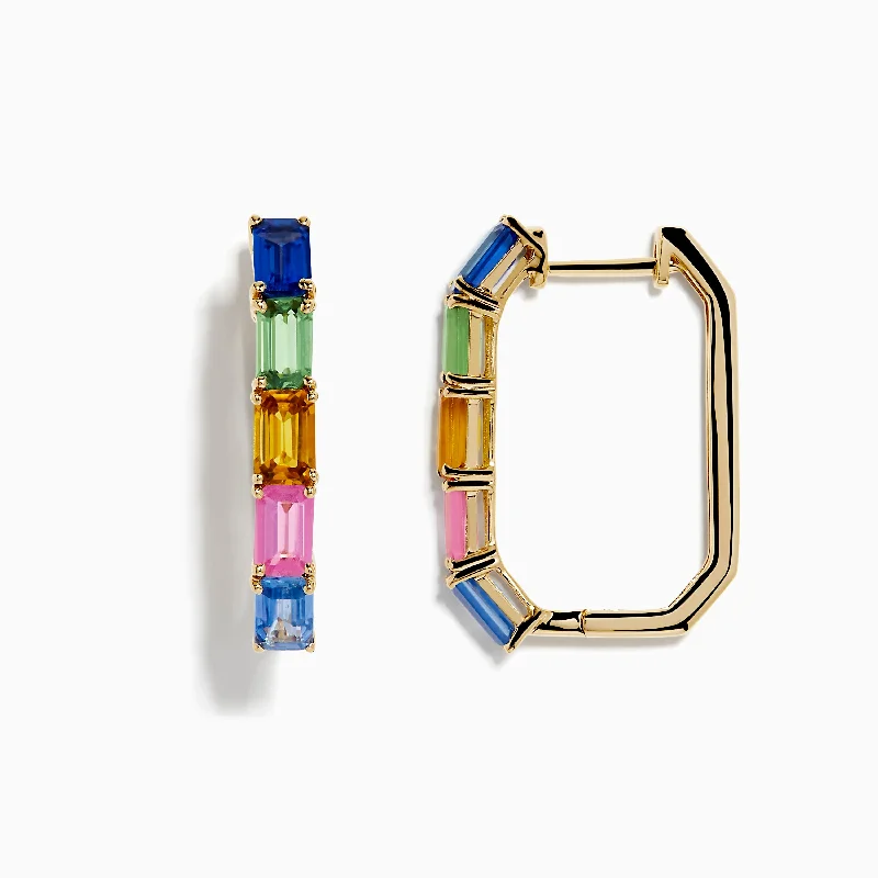 women drop earrings for women -14K Yellow Gold Multi Color Sapphire Huggie Earrings