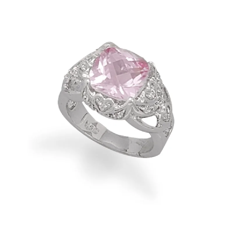 women platinum rings -Synthetic Pink Sapphire and Pave Cubic Zirconia Ring Rhodium on Sterling Silver