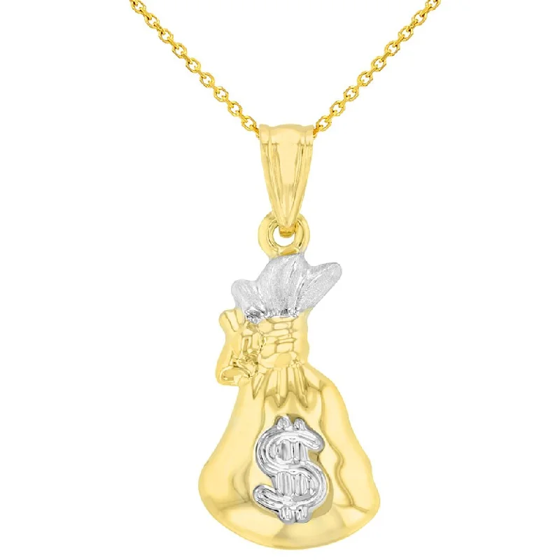 women sparkling necklaces -High Polish 14K Yellow Gold 3D Money Bag Charm Pendant With Cable, Curb or Figaro Chain Necklace