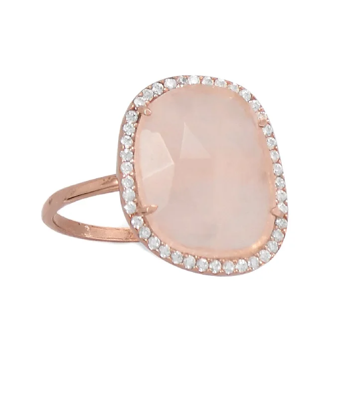 women trendy rings -Rose Quartz Ring 14k Pink Gold-plated Silver with Cubic Zirconia Halo