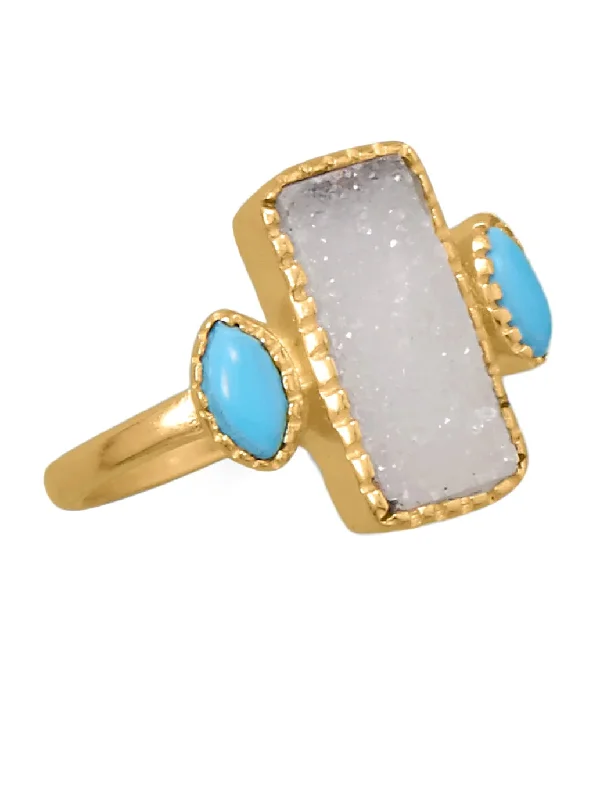 women promise rings for women -White Druzy and Synthetic Turquoise Ring 14k Yellow Gold-plated Sterling Silver