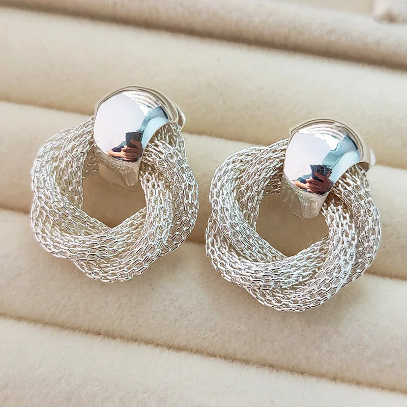 women simple hoop earrings -Braided Silver Dangle Earrings JLT12791