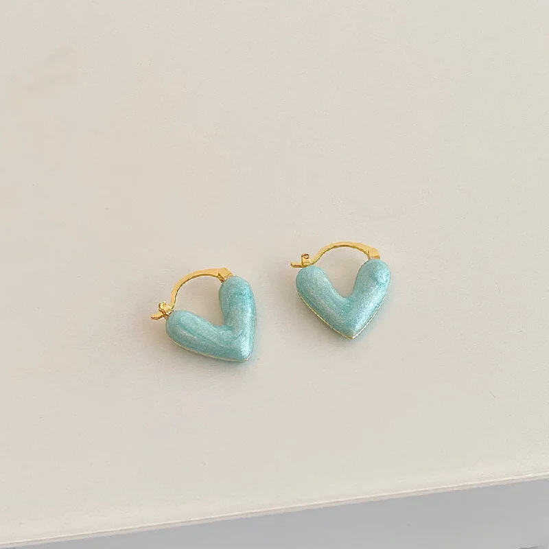 women bridal stud earrings -Gold Hoop Earrings with Turquoise Heart Charms jlt11727