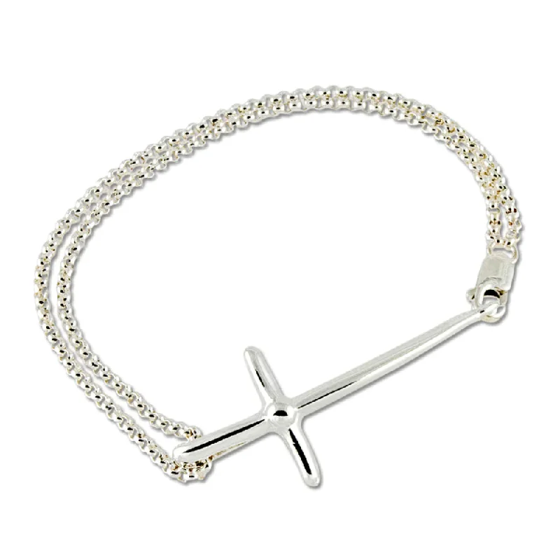 women stacked bracelets -Sterling Silver Sideways Cross Bracelet