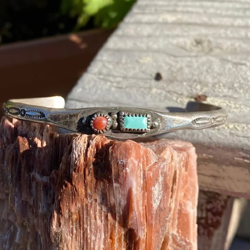 women tennis bracelets -Old Navajo Stacking Bracelet Turquoise Red Coal Sterling