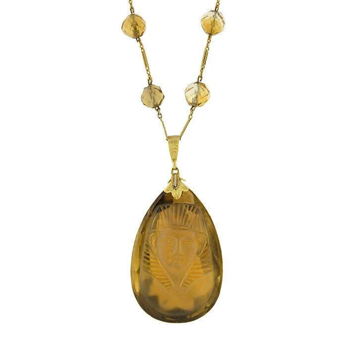 women necklace sets -Art Deco 14kt Egyptian Revival Carved Citrine Pharaoh Necklace