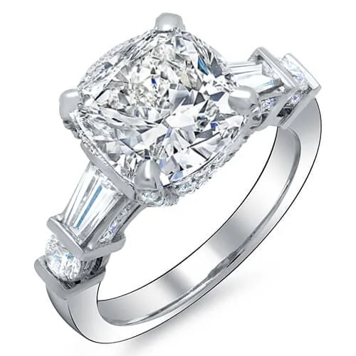 women halo diamond engagement rings -5.80 Ct. Cushion Cut Engagement Ring with Baguettes I Color VS1 GIA Certified