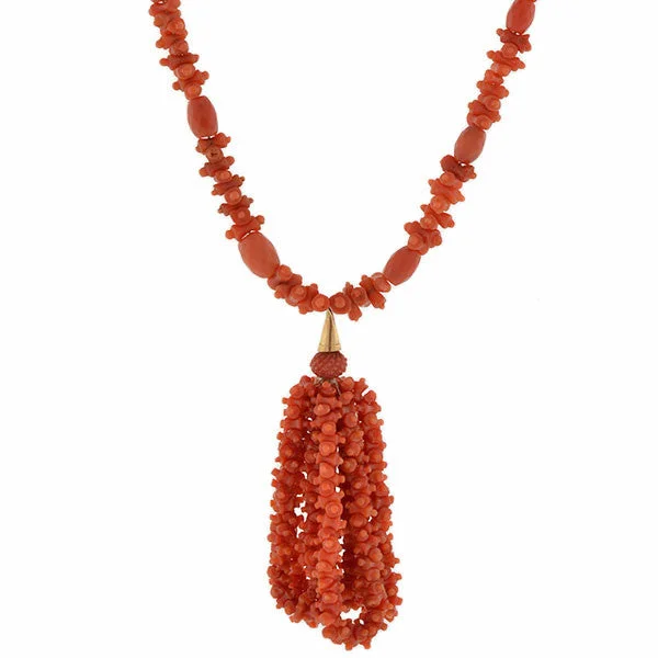 women luxury chain necklaces -Victorian Natural Carved Coral Beaded Tassel Necklace