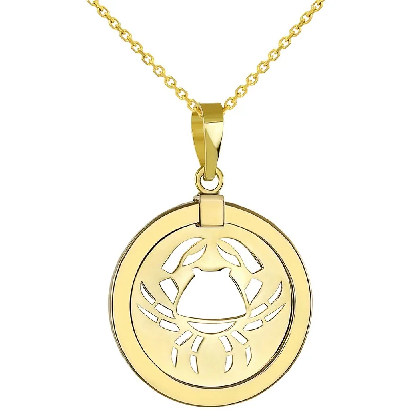 women fashion statement necklaces -14K Yellow Gold Reversible Round Cancer Crab Zodiac Sign Pendant With Cable, Curb or Figaro Chain Necklace