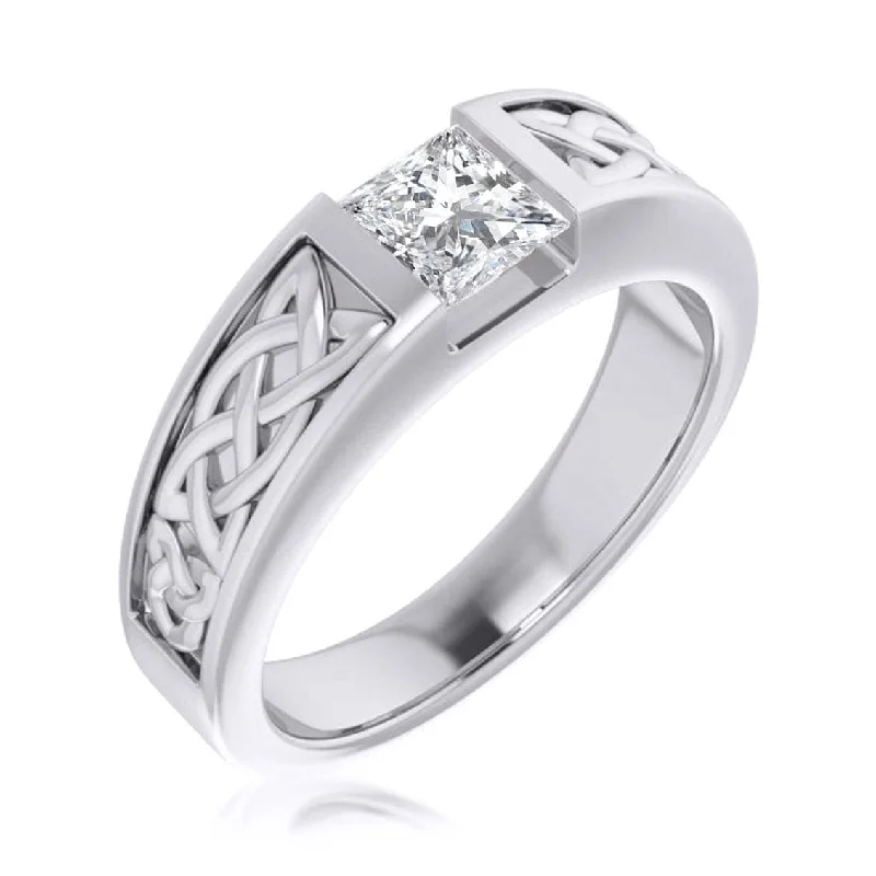 women engraved engagement rings -Celtic Princess Cut Men's Engagement Ring 1 Ct. G Color VVS2 GIA Certified