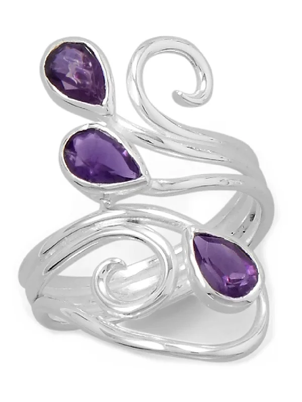 women stacking rings -Three-stone Teardrop Amethyst Ring Swirl Scroll Design Sterling Silver