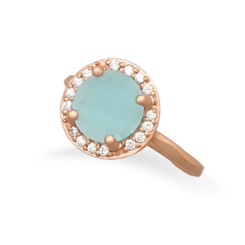 women diamond band rings -Aqua Blue Ring with Cubic Zirconia Halo Rose Gold-plated Sterling Silver