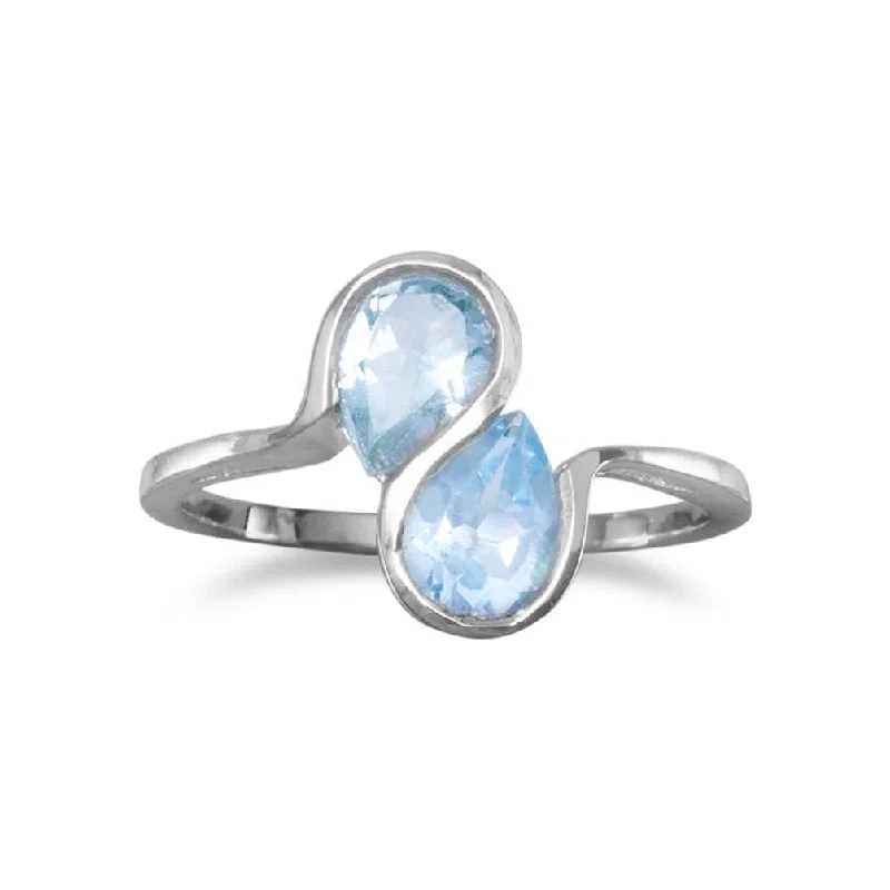 women sapphire wedding bands -Teardrop Blue Topaz Ring Wavy S Design Band 2-stone Sterling Silver