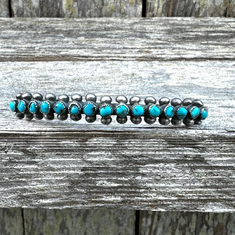 women gemstone bracelets -OLD Hand Hewn Zuni Sterling Silver Turquoise Row Bracelet