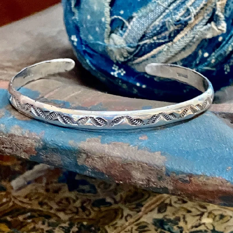 women double bangle bracelets -Vintage Signed Navajo Stamp Decorated Sterling Silver Bracelet