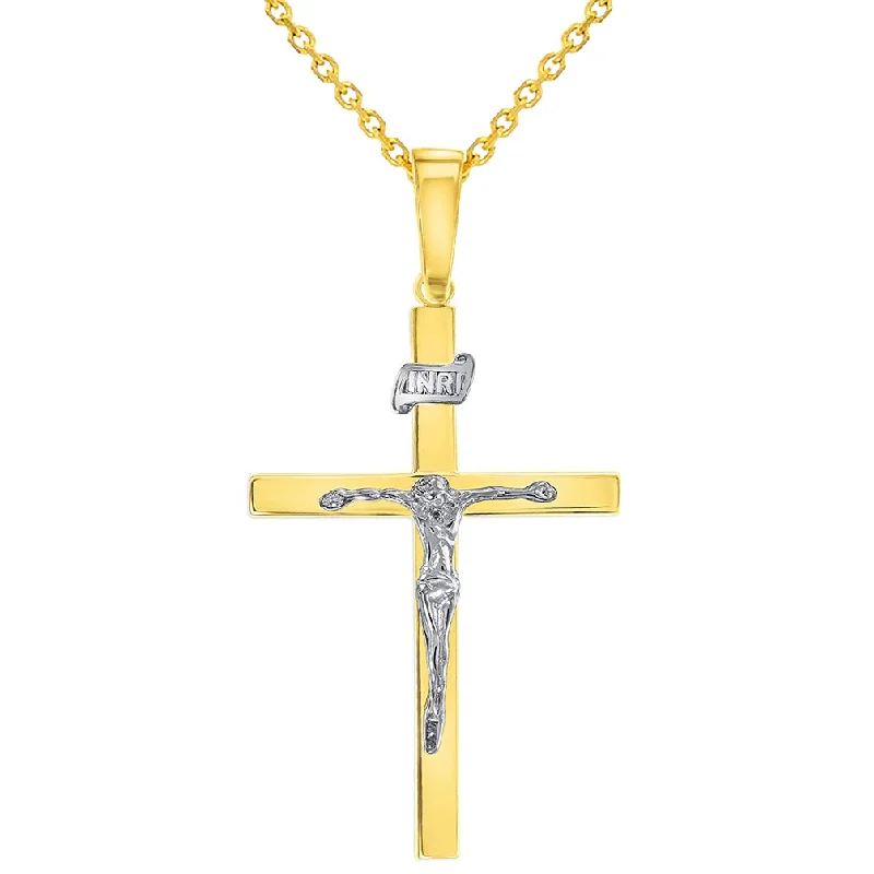 women adjustable necklaces -14k Two-Tone Gold 3D INRI Catholic Chrisitan Crucifix Cross Pendant With Cable, Curb or Figaro Chain Necklace