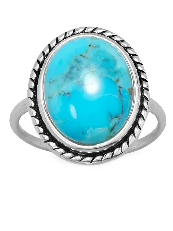 women solitaire rings -Sterling Silver Reconstituted Turquoise Ring with Rope Design Frame