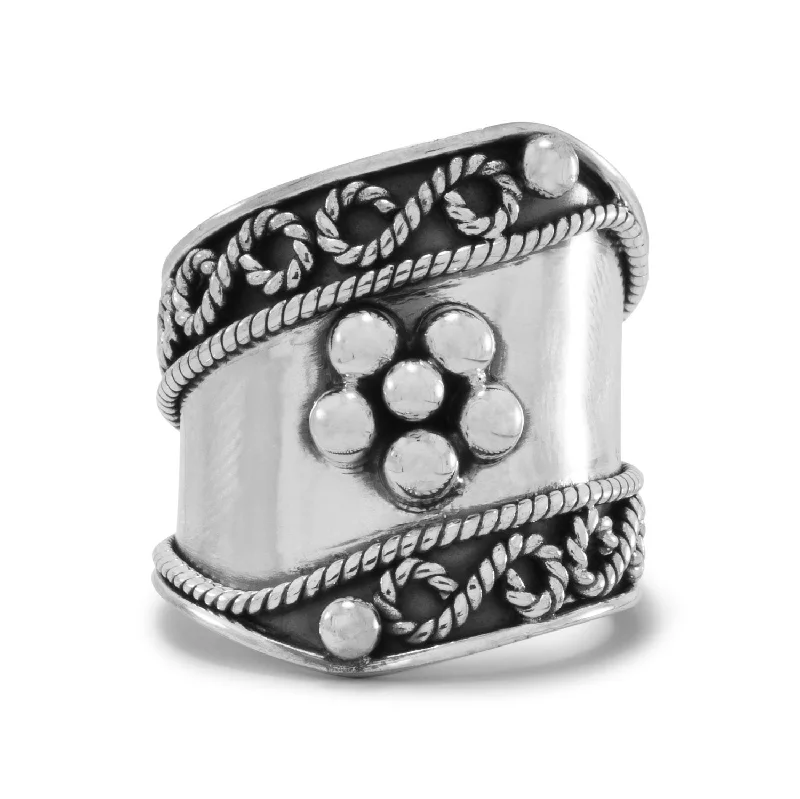 women unique gemstone rings -Flower Bead and Rope Design Wide Band Ring Sterling Silver