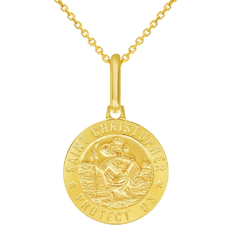 women heart-shaped necklaces -Solid 14k Yellow Gold Round Small Saint Christopher Protect Us Medal Pendant Necklace