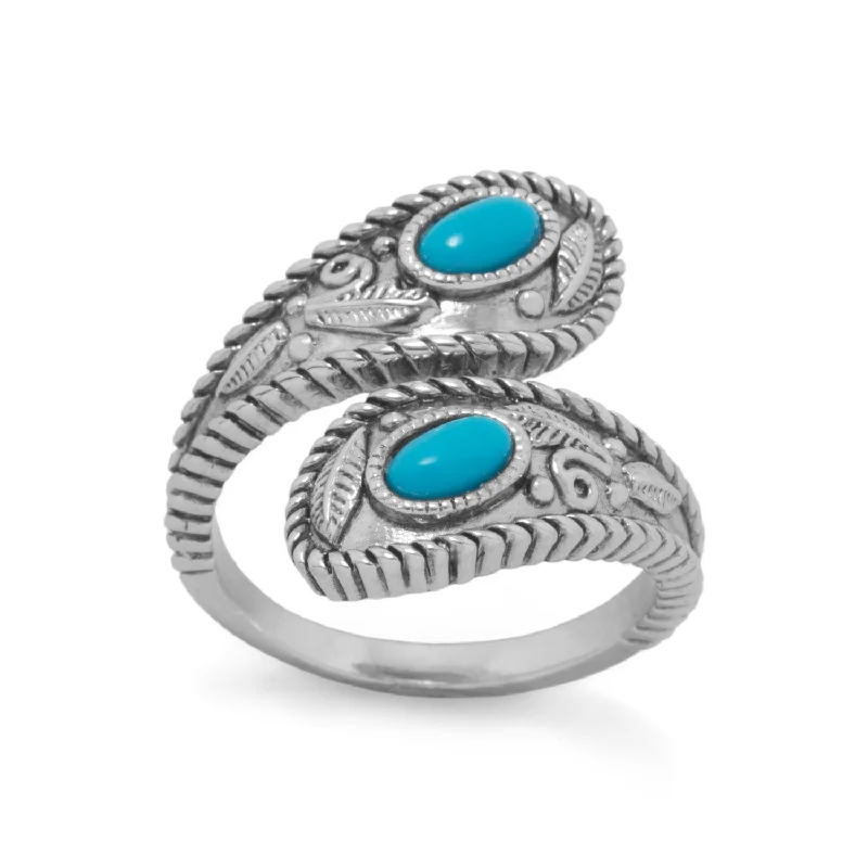 women stackable engagement rings -Reconstituted Turquoise Southwestern Leaf Wrap Ring Rhodium on Sterling Silver