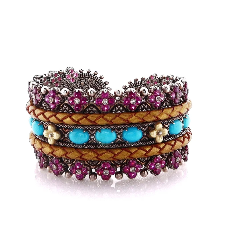 women handmade bracelets -Estate Bixby Two Tone with Leather Braid Multi-Stone Cuff Bracelet