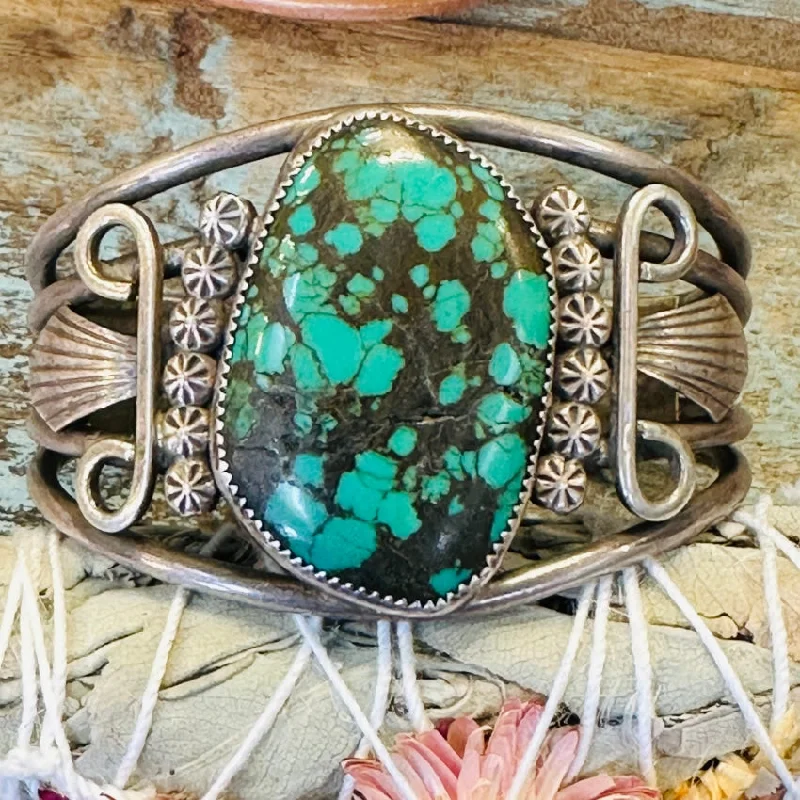 women elegant bracelets -Signed Navajo Sterling Silver Cuff Bracelet Spider Web Turquoise