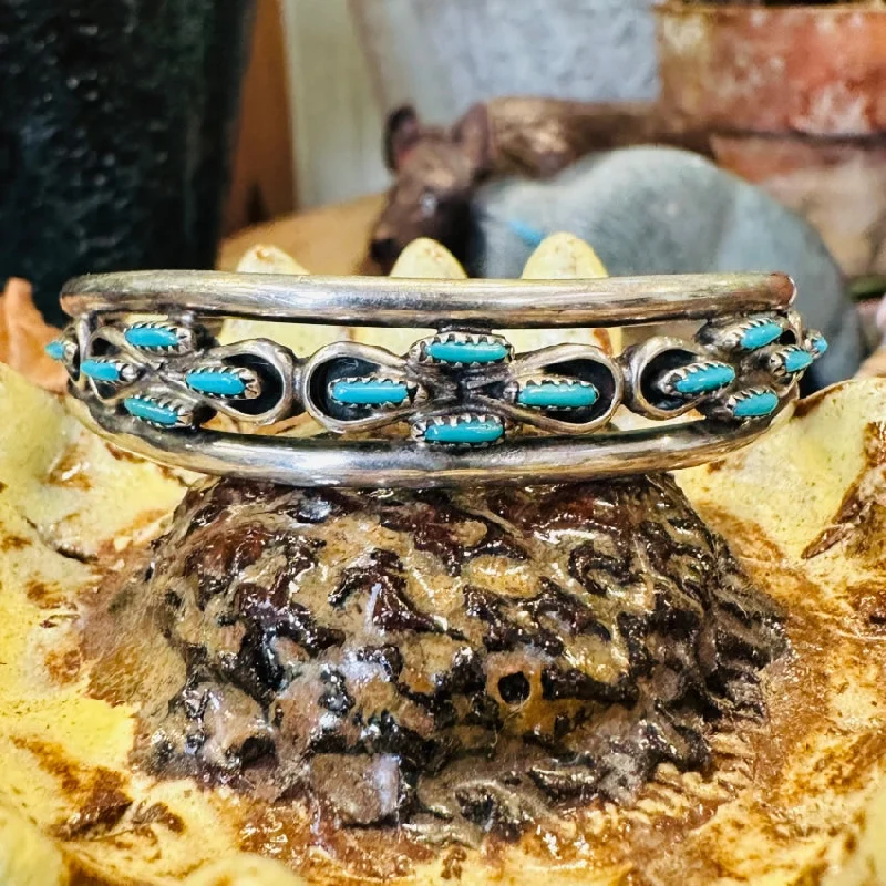 women thick bangles -Vintage Zuni Sterling Silver Needlepoint Turquoise Bracelet