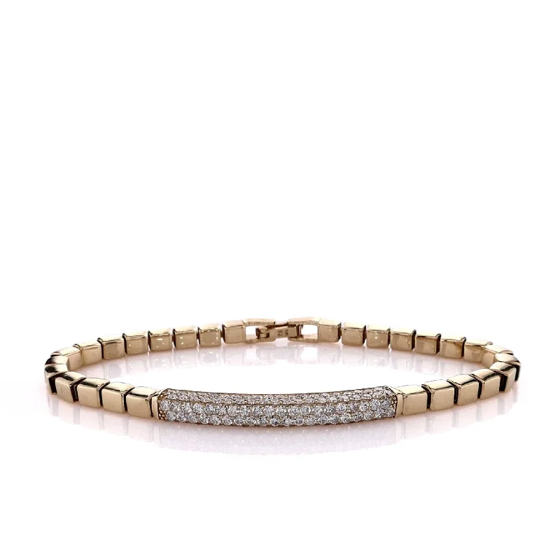 women wedding bangles -14k Yellow Gold 3 Sided Pave Diamond Bar on Box Link Chain Bracelet