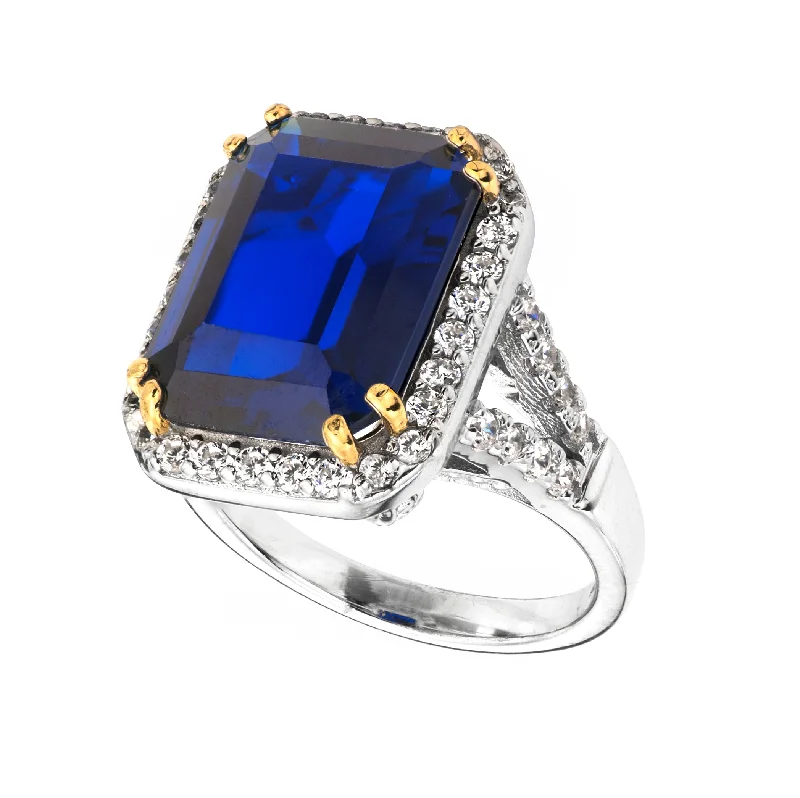 women oval-shaped rings -Sterling Silver 8 Carat Sapphire Hued Emerald Cut Ring with 18 KGP Prongs