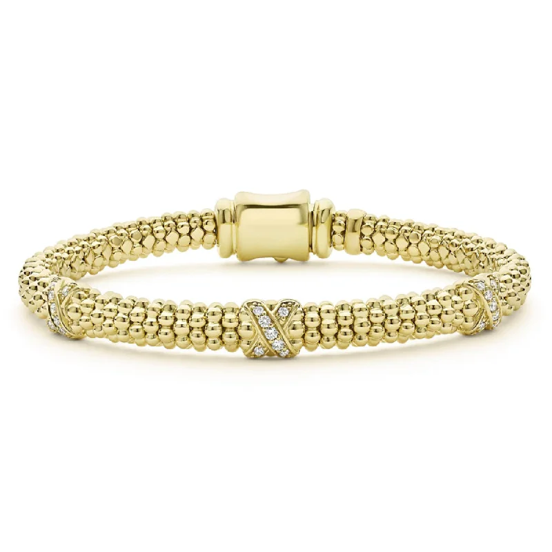 women elegant bracelets -Lagos Embrace 18k Gold Three Station X Diamond Caviar Bracelet, 6mm