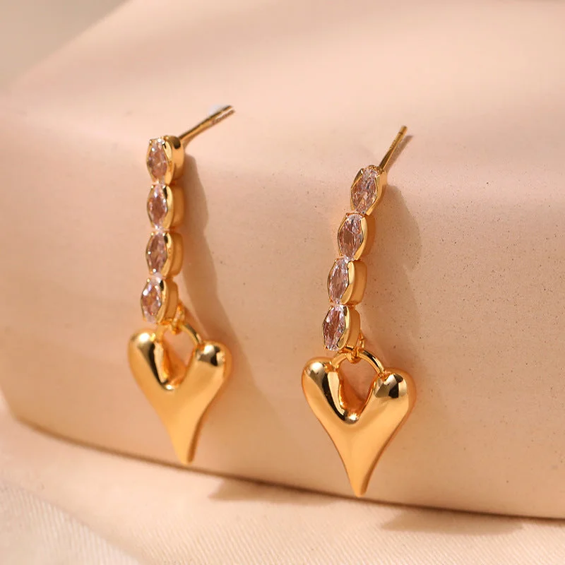 women gold stud earrings -Gold Drop Earrings with Heart Pendants & Marquise Crystals jlt11717