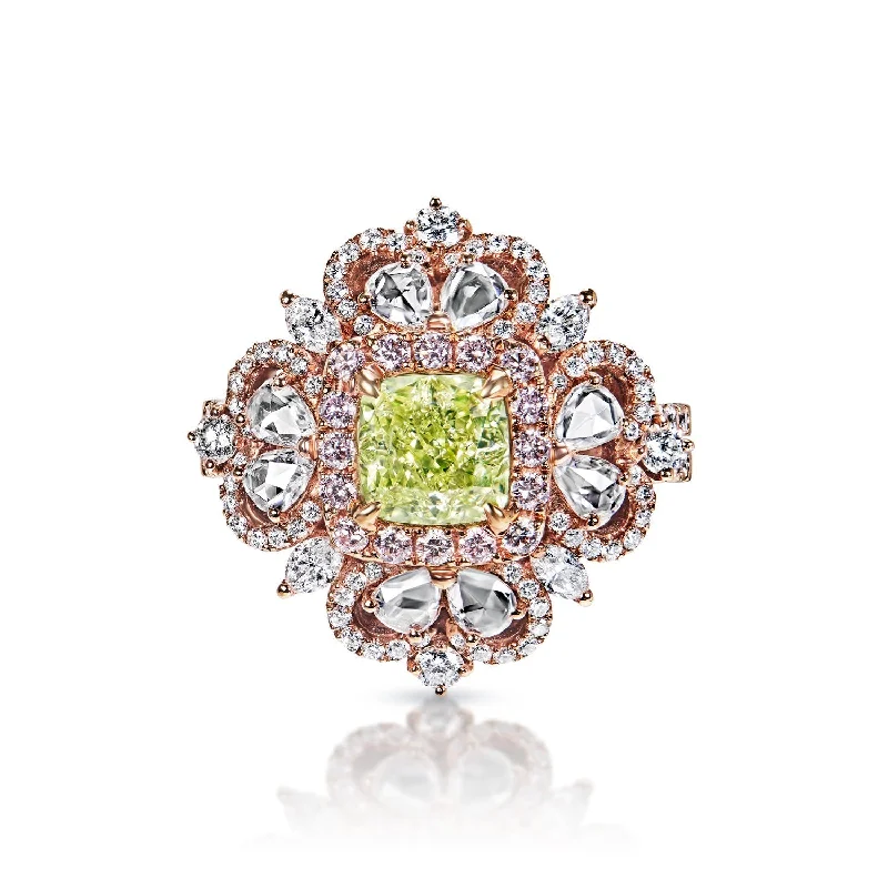 women engagement rings with diamonds -Yara 1 Carat Natural Fancy Yellow-Green SI1 Cushion Cut Diamond Engagement Ring in Rose Gold. By Mike Nekta GIA Certified