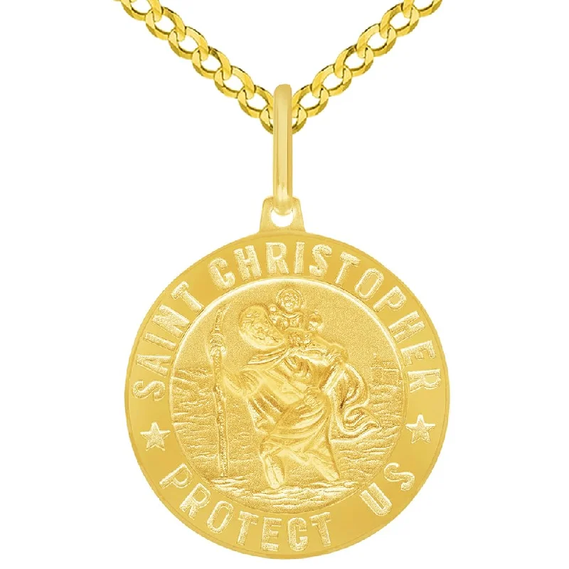 women layered gold necklaces -Solid 14k Yellow Gold Round Saint Christopher Protect Us Medal Pendant with Cuban Curb Chain Necklace - 3 Sizes