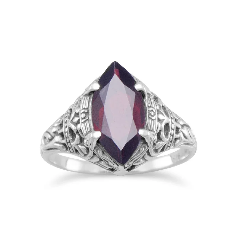 women unique gemstone rings -Marquise Garnet Ring Sterling Silver Antique Finish Vintage Style