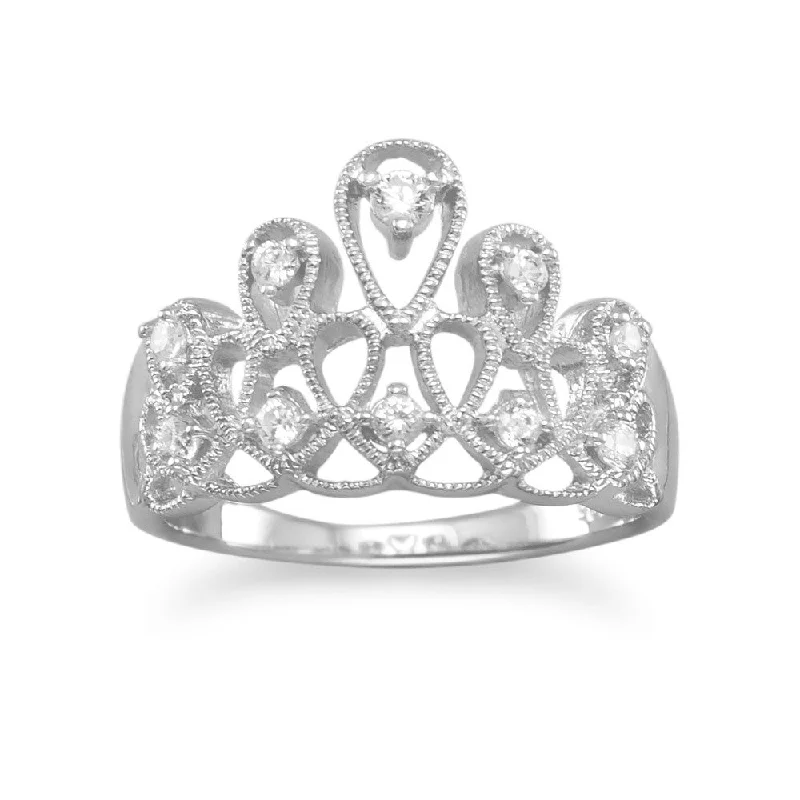 women trendy rings -Crown Tiara Ring Design Princess CZ Cubic Zirconia Rhodium Over Sterling Silver