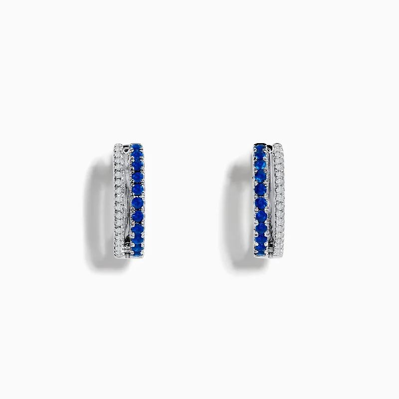 women eye-catching earrings -Royal Bleu 14K White Gold Blue Sapphire and Diamond Huggie Earrings