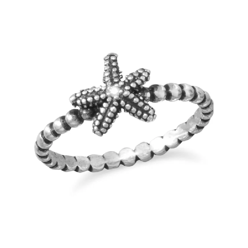 women timeless rings -Starfish Ring Beaded Band Antique Finish with Cubic Zirconia Center