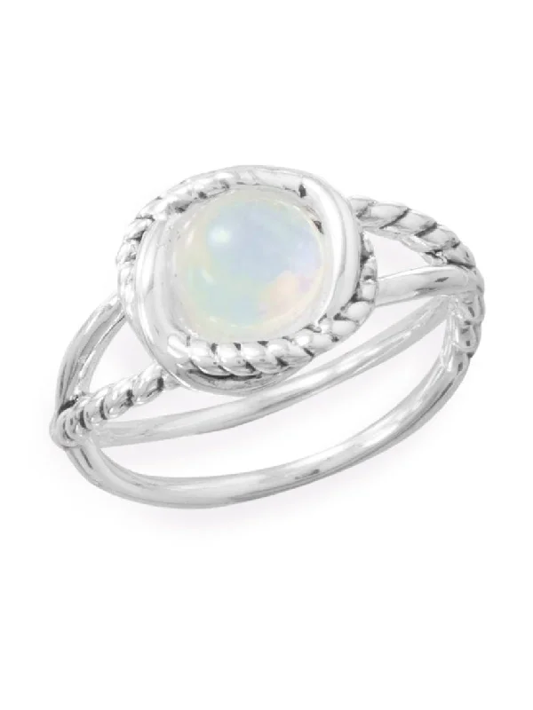 women pearl rings -Round Rainbow Moonstone Ring with Cross Cross Band Rope Design Sterling Silver