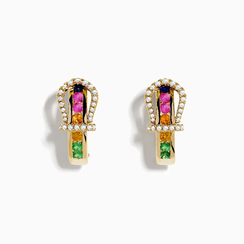 women statement stud earrings -14K Yellow Gold Multi Color Sapphire and Diamond Horseshoe Hoop Earrings