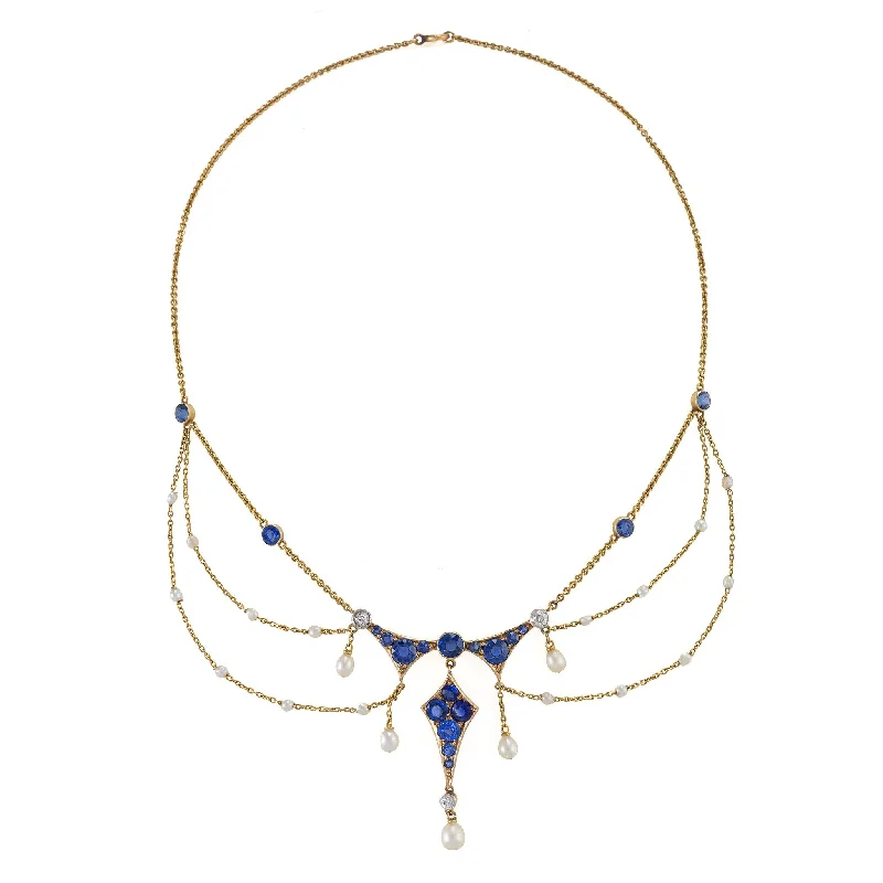 women gold necklaces -Montana Sapphire, Seed Pearl and Diamond Garland Necklace