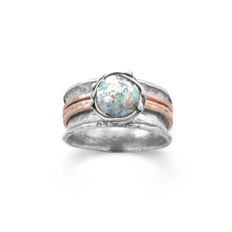 women classic rings -Ancient Roman Glass Ring Round with Rose Gold-plated Bands Sterling Silver